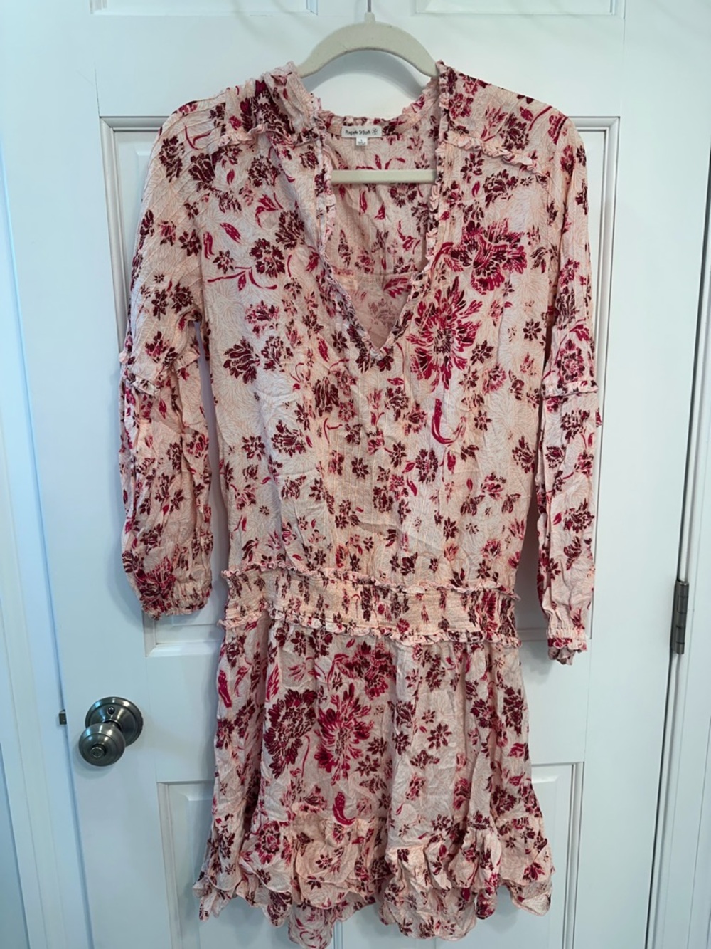 Poupette St. Barth Pink and Burgundy Floral Ruffle Dress